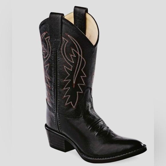 Old western little kids cowboy boots size 105 black with red stitching leather - Picture 1 of 12